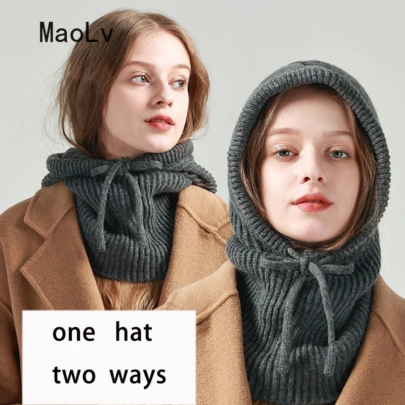 Winter Balaclava Hat for Men&Women Knitted Hooded Cap Outdoor Windproof Warmer Drawstring Hat One-Piece Neck Collar Beanie Cap
