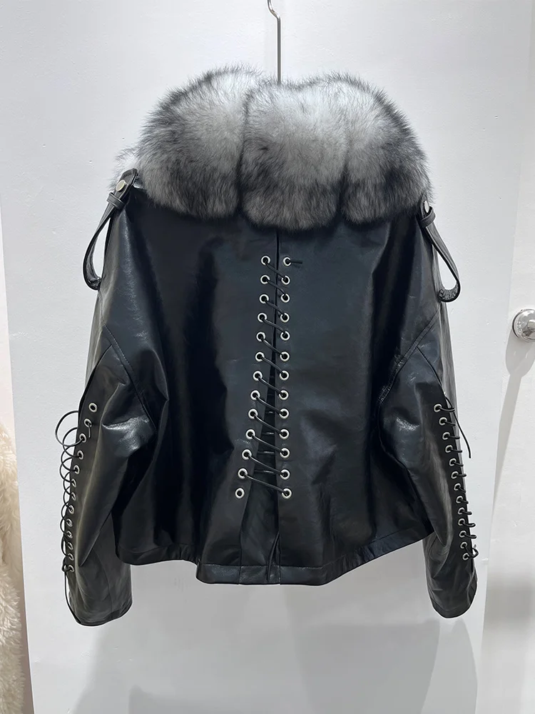 Cappotto con collo in pelliccia di volpe naturale di nuova moda Giacca da donna in vera pelle di montone Giacca da motociclista di lusso calda Cappotti femminili