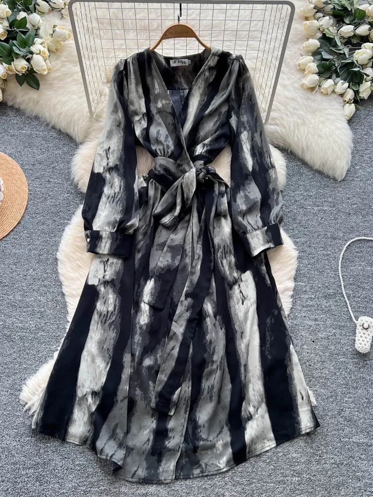 Ele V-Ne Long Sve Print Satin Wrap Waist Dr Women's Autumn Season High Waist A-Line Dr Ci Commute Sle