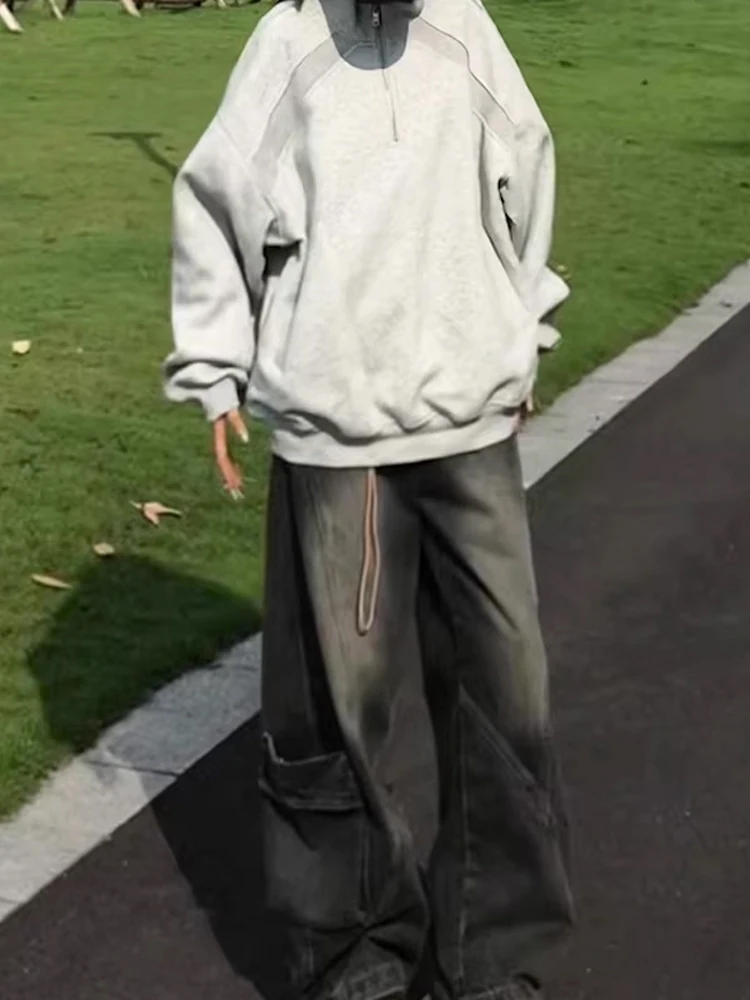 블라 아메리칸 하이 스트리트 아디언트 나이프 오버사이즈 힙합 슬레 남성 데님 진 캐주얼 와이드 레그 팬츠 워크웨어