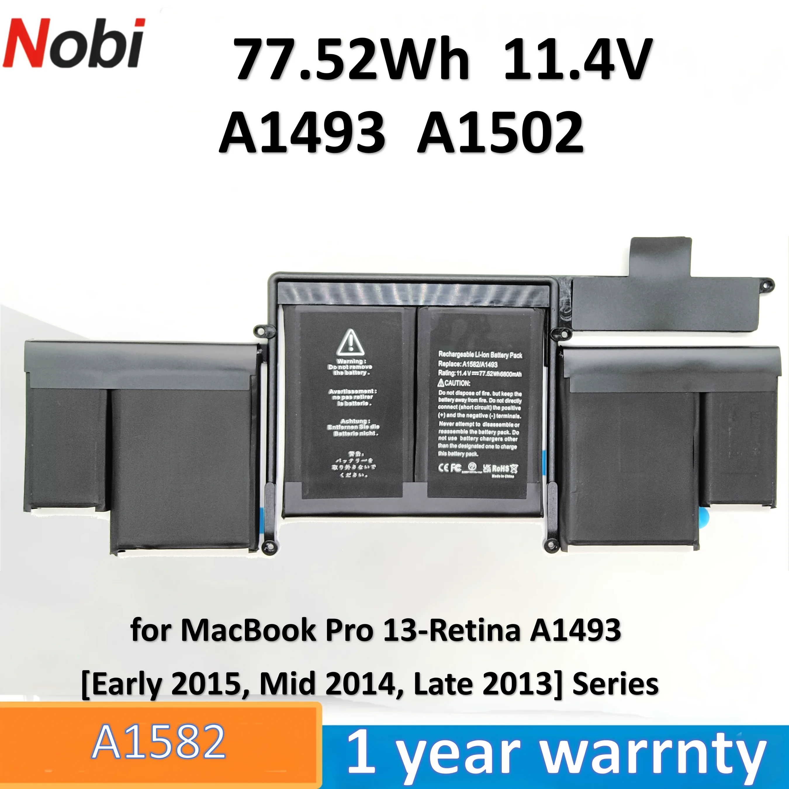 

Nobi A1582 A1493 A1502 Battery for MacBook Pro 13-Retina A1493 [Early 2015, Mid 2014, Late 2013] 77.52Wh-11.4V