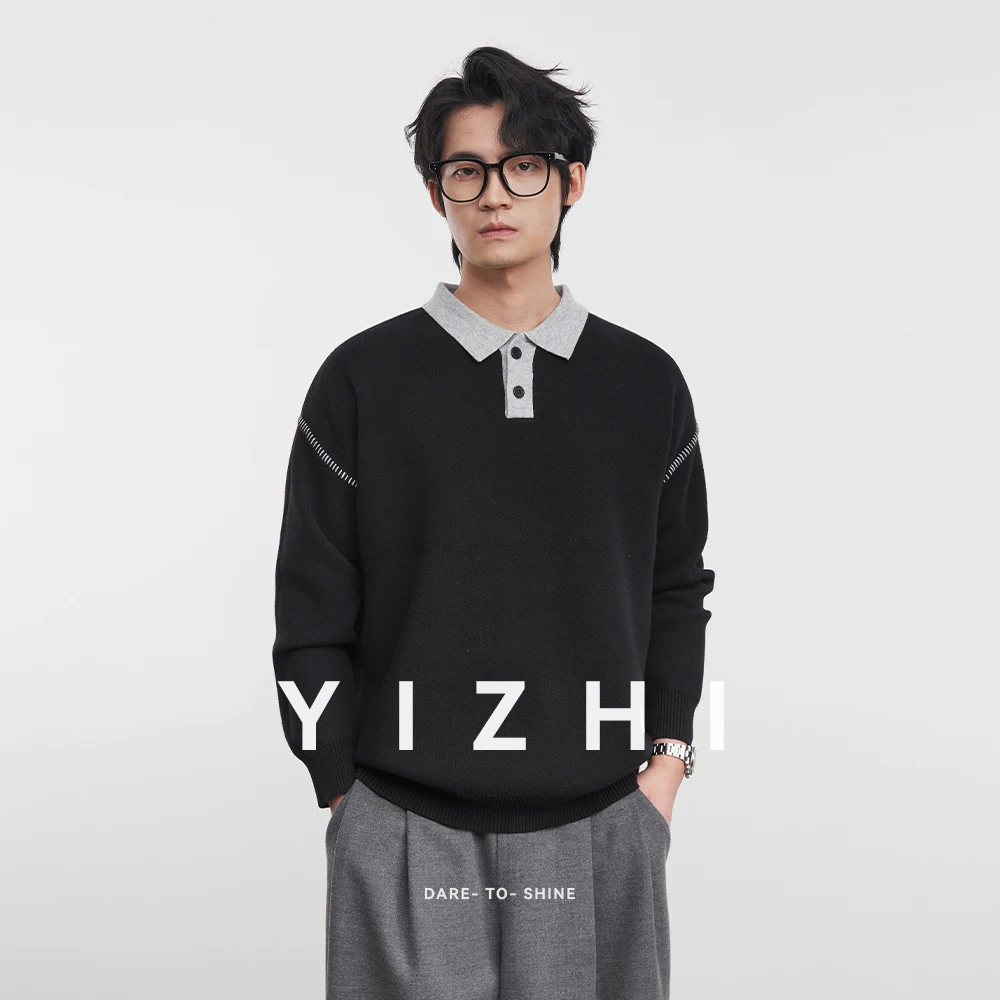 

Men Heavyweight Color-Blocked Polo Collar Knit Sweater 2025 Winter New Loose Fit Casual Patchwork Textured Pullover Top
