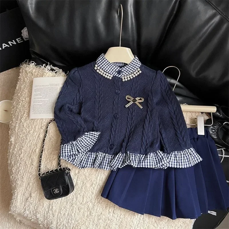 

Childrens Clothing Set 2024 New Spring and Autumn Season Set Childrens Knitted Cardigan Jacket Short Skirt Two-piece Set