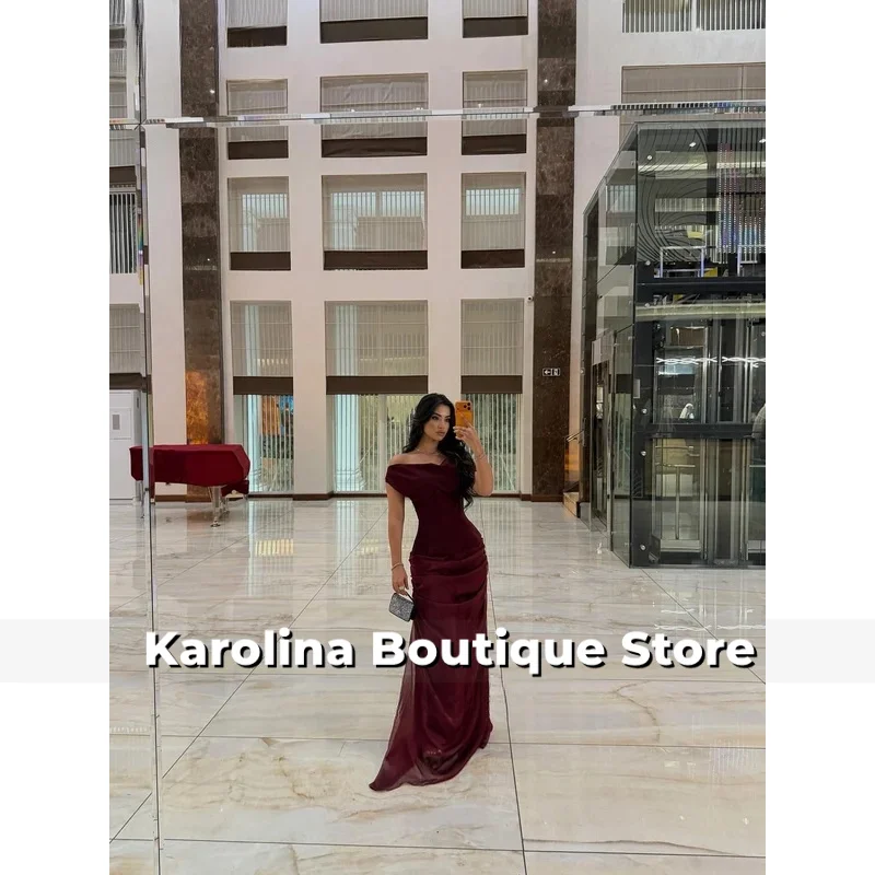 Bourgondische crêpe avondjurk uit de schouder zeemeermin formele gelegenheidsjurk Saoedi-Arabië maxi galajurk op maat