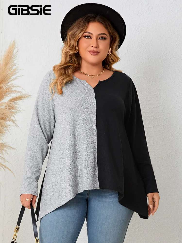 Gibsie Plus Size Inkeping O-hals Colorblock Patchwork T-Shirts Vrouwen 2023 Herfst Casual Losse Lange Mouw Asymmetrische Zoom T-Shirts