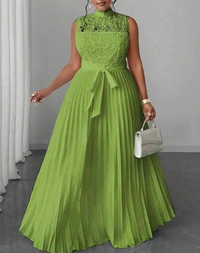 

Elegant Fashionable Women's Temperament Style Crocheted Lace Patchwork Stand Up Collar Lace Up Sleeveless Pleated Party Dress