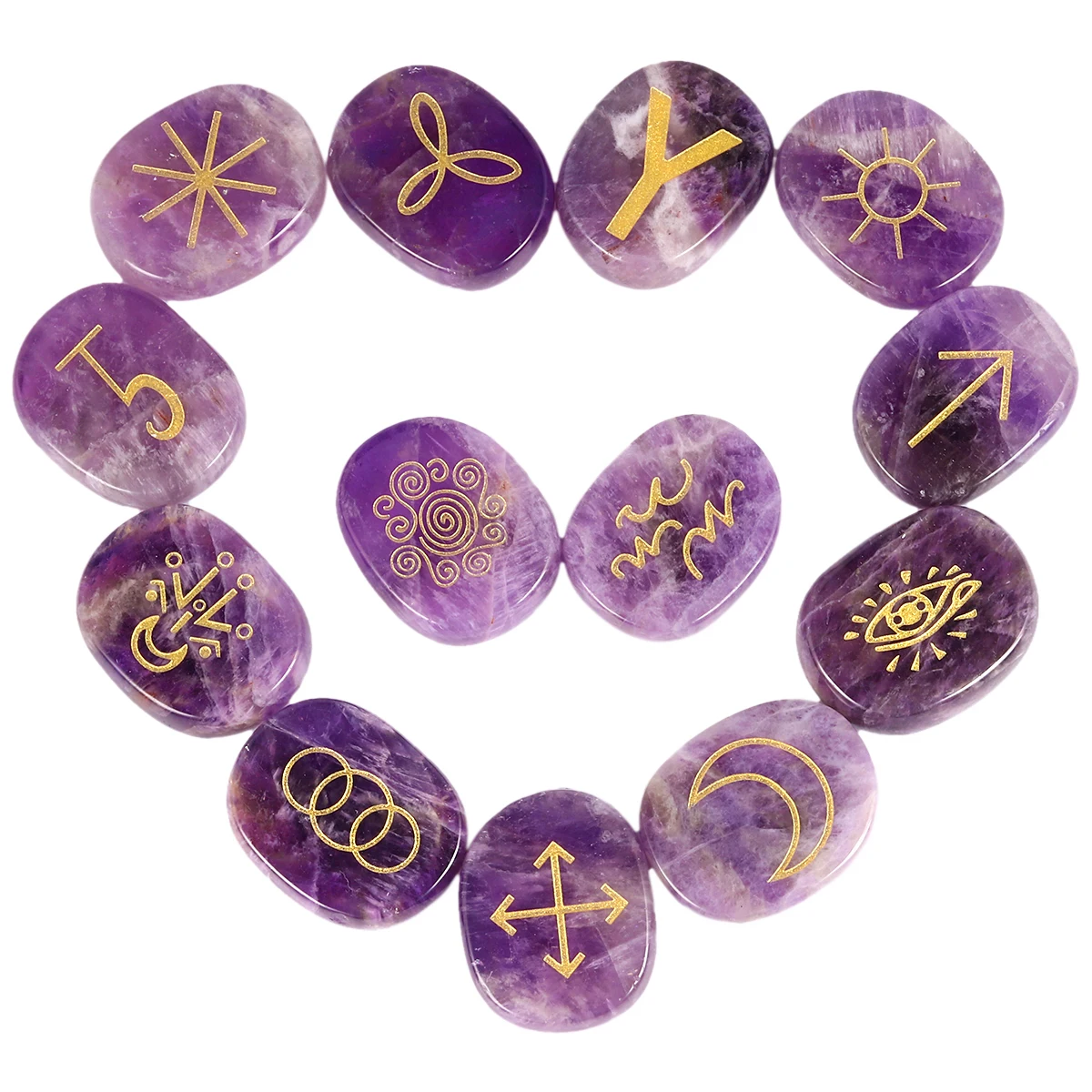 13 Teile/satz Natürliche Rose Quarz Amethyst Gypsy Symbol Hexen Rune Stein Set Healing Kristall Palm Stein Für Chakra Balancing