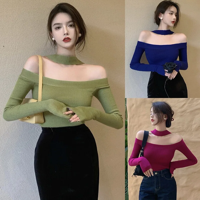 Women\'s Long Sleeve Cold Shoulder  Pullovers Sweater Breathable Women\'s Halter Neck Backless Loose Sweater Tops