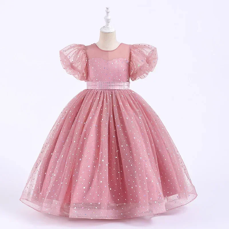 

Girls Puff Sleeves Birthday Party Sequin Gauze Dress Art Photography Clothes 5-16Year Elegant Piano Show Ball Gown