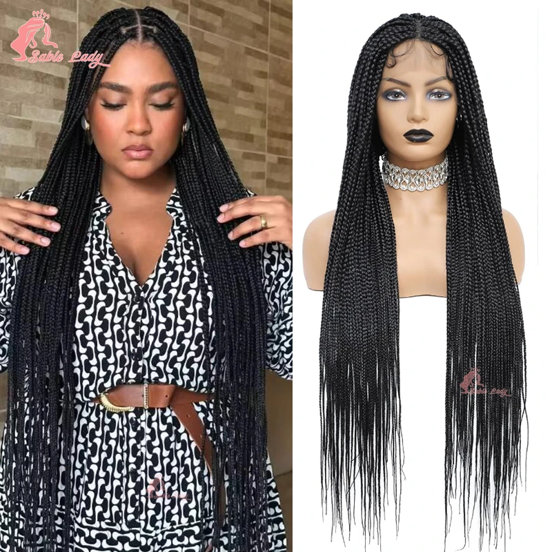 36" Synthetic Full Lace Wigs Cornrow Box Braided Wigs for Black Women Knotless Braids Lace Wigs Fax Locs Braiding Hair Wig