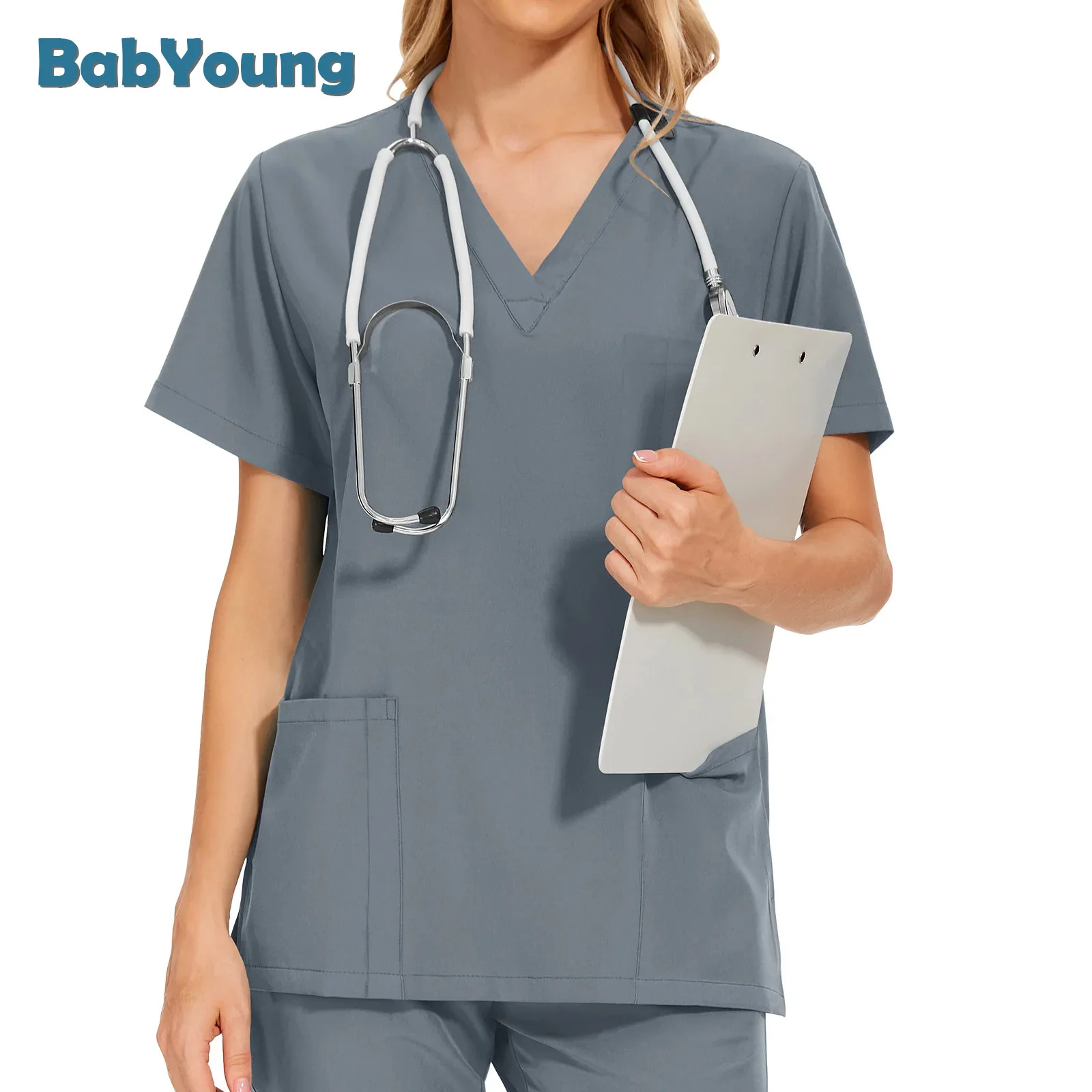 Workwear Nursing Elastic Band Pants Working Uniform Women Short Sleeve Neck Tops Dental Hospital Scrubs Suits