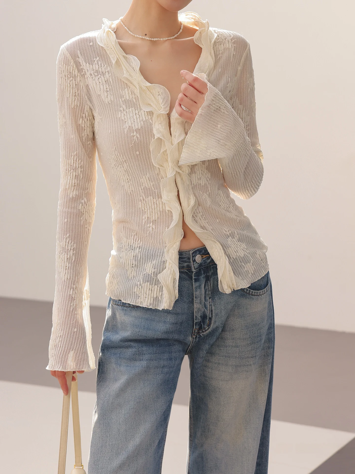 

JWUNIQUE Long Sve V-Ne Open Cardigan Soft Gauze Translucent Lace Trim Breathable Comfortable Women's irt Ele Sle