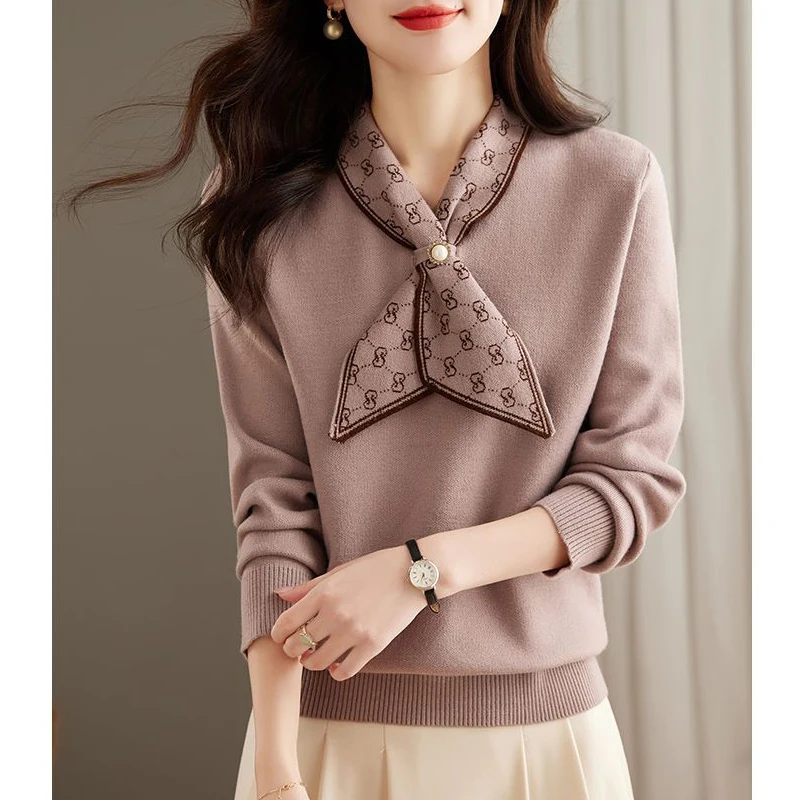 Women Clothing New Autumn Winter Beaded Bow Luxury Design Elegant Knitted Sweater Fashion Long Sleeve Pullover Tops Chic Jumpers