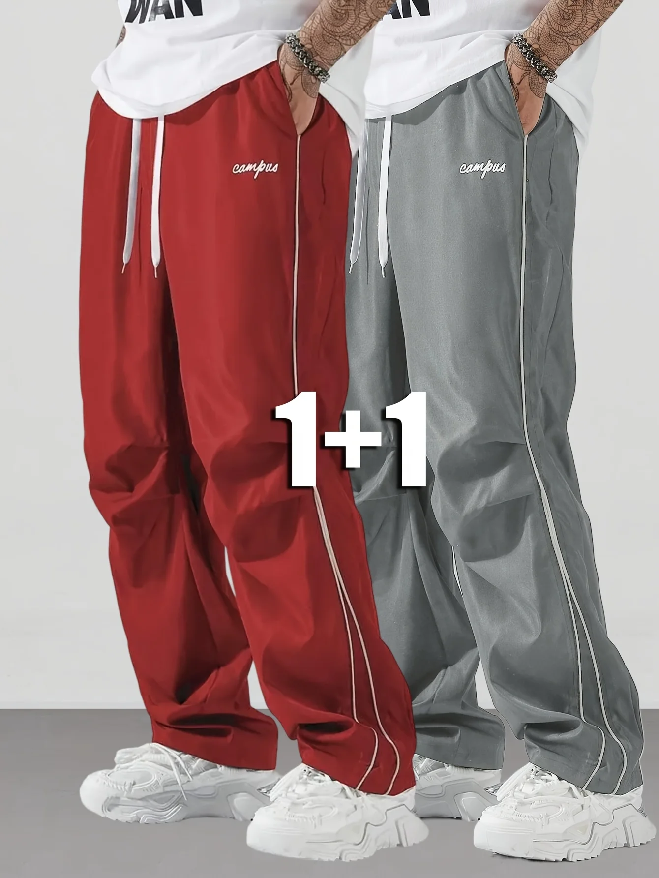 

2 Pcs Men's Campus Jogger Pants Loose Casual Streetwear Elastic Waist Drawstring Trousers Red & Gray Fashion Track Pants