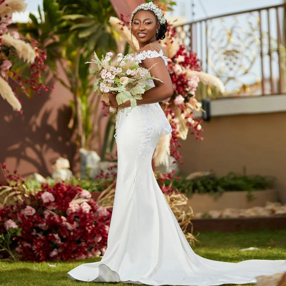 Customized  Cap Sleeves Shinny Beads Mermaid Bridal Dress Sweep Train Vestidos De Novia African  Country Wedding Gowns