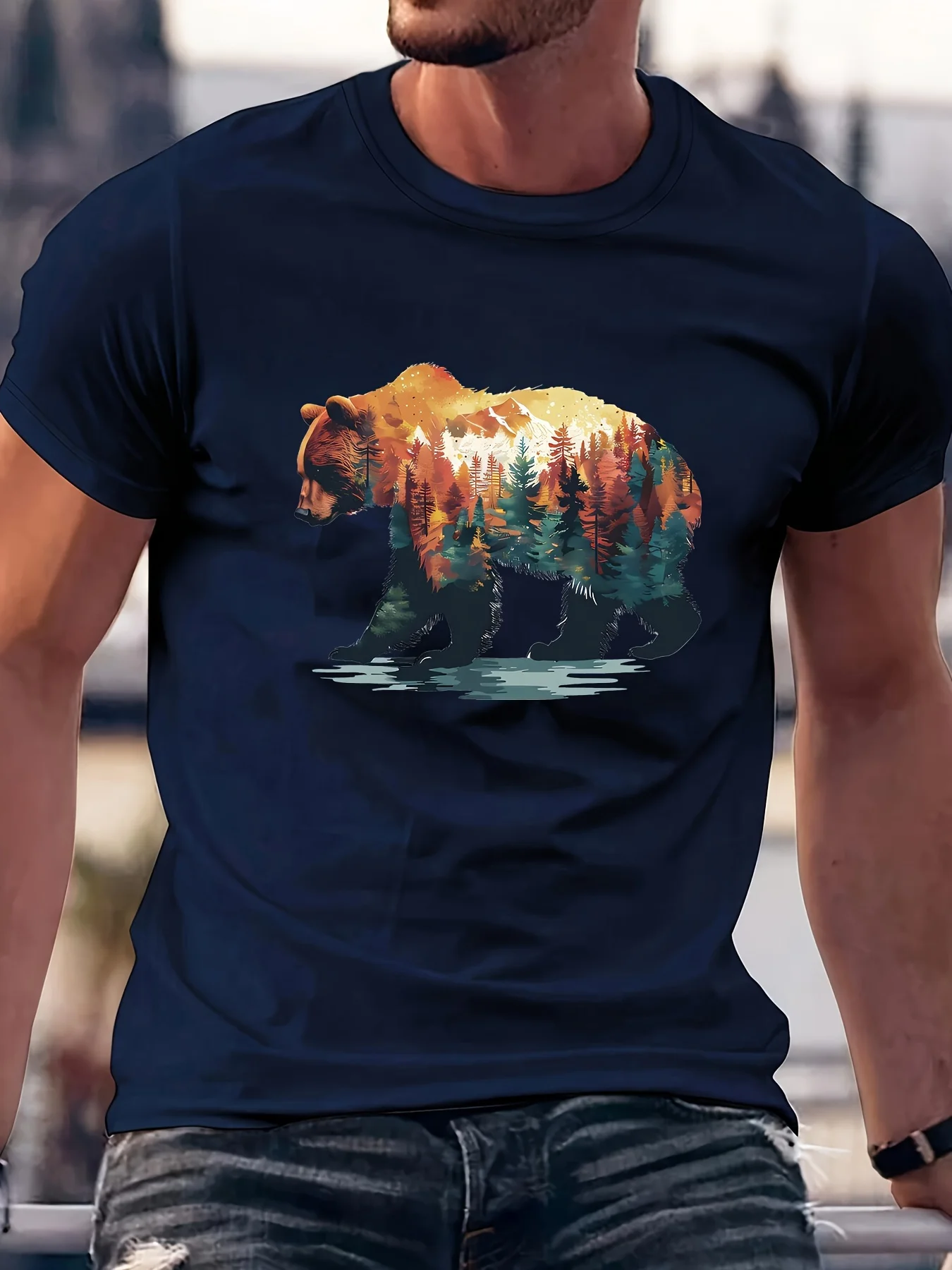 Scenic Bear Silhouette Tee with Autumn Forest and Mountain Landscape Print 100% Cotton Men's T-shirt Summer Casual Wear