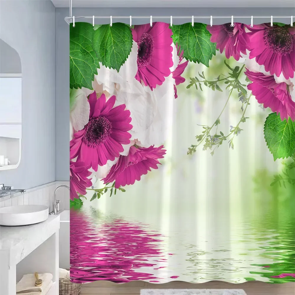 Nature Scenery Shower Curtain Pink Red Orchid Blossom Butterfly Lake Water Floral Theme Bathroom With Hook Waterproof Screen