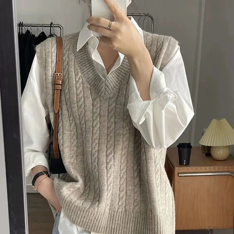 

Women V-neck Sweater Vest Solid Color Sleeveless Loose Preppy Style Pullover Waistcoat Woman Casual Out Wear Knitted Jumper Vest