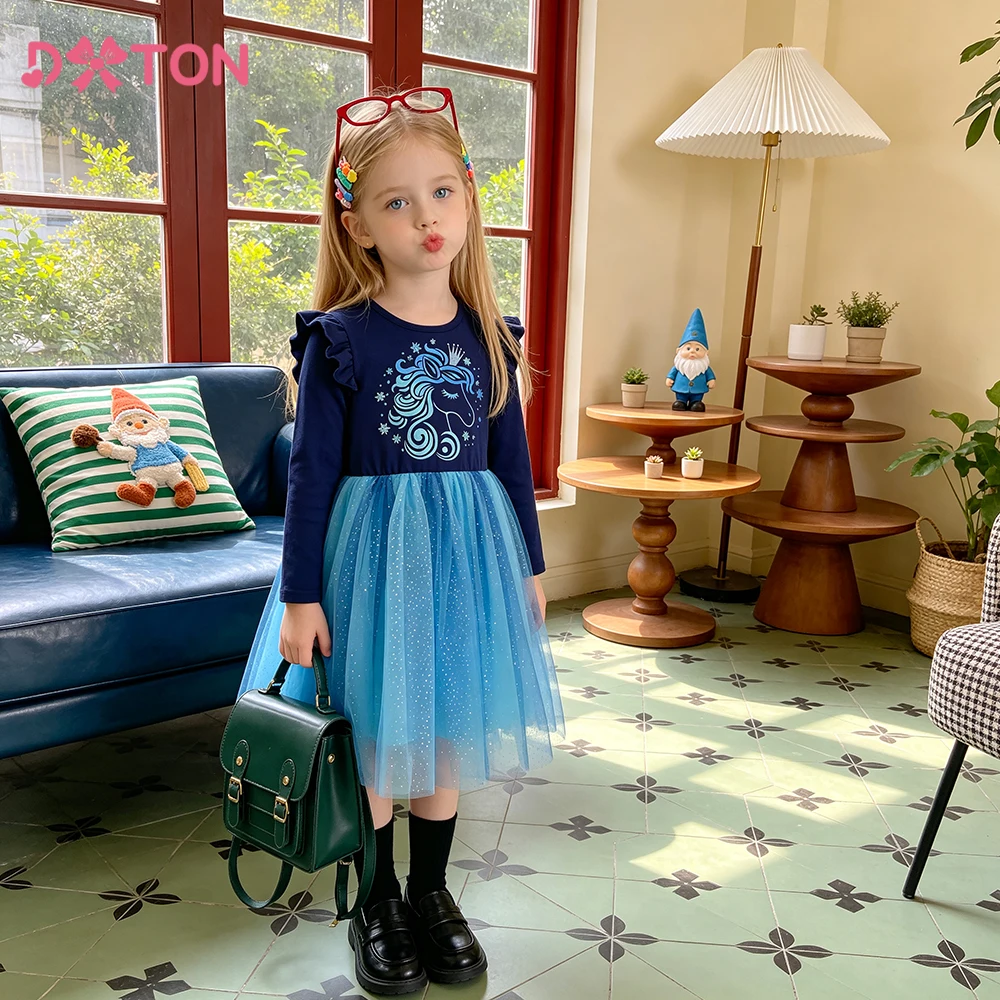 DXTON Children Long Sleeve Tulle Dresses School Celebration Toddler Girls Dress-Up Paly Gauze Cotton Kids Dress Cartoon Clothing