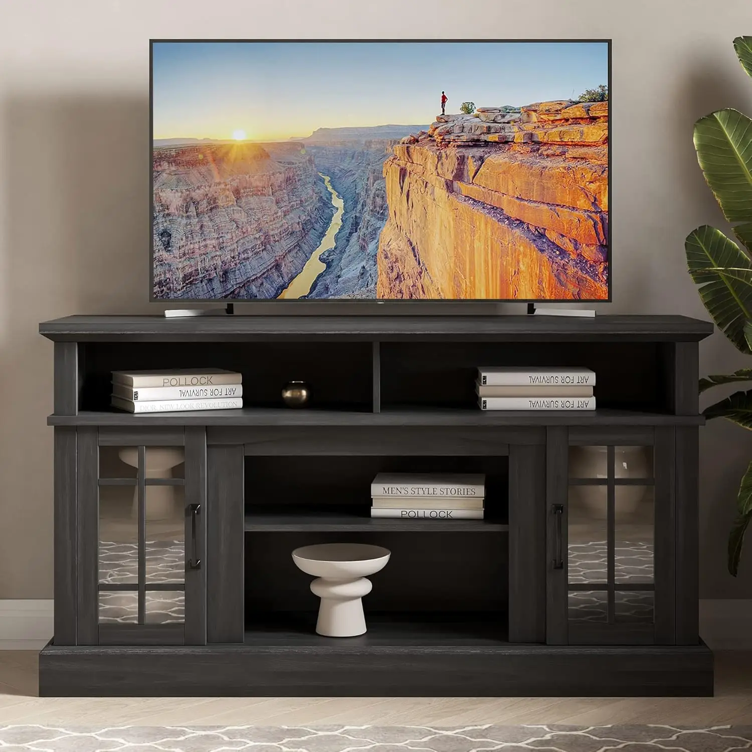 TV Stand, Rustic Wood Entertainment Center, Contemporary Media Console Table with Two Open Shelves and Glass Door Cabinets