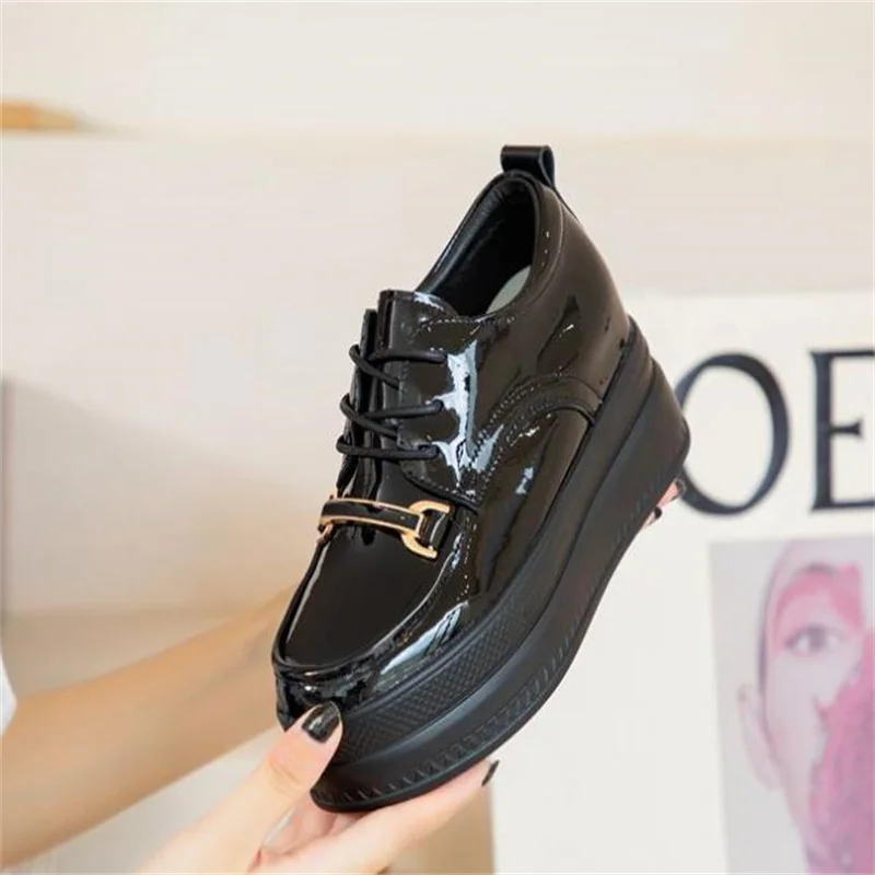 7cm in vera pelle verniciata scarpe da donna mocassini Platform Sneakers scarpe con zeppa tacco nascosto scarpe traspiranti primavera estate