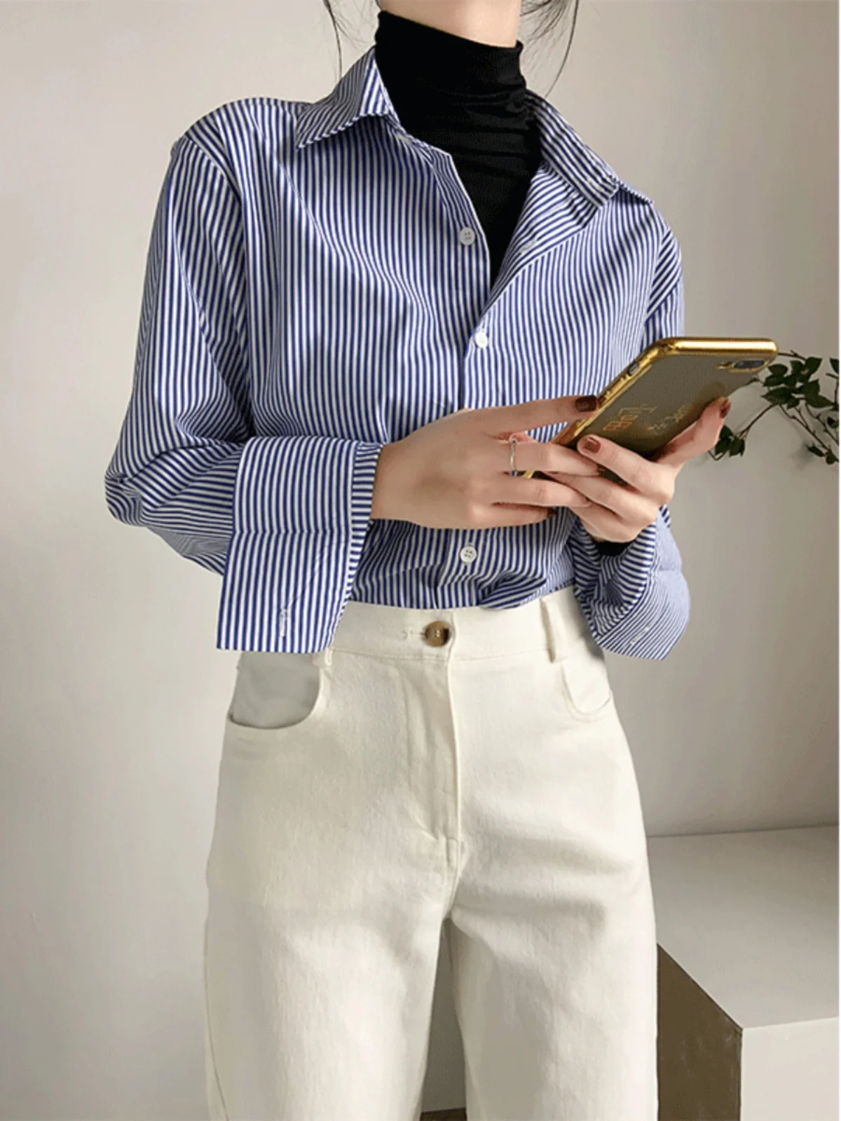 

Blue Striped Long Sleeve Shirt Women's Spring Autumn Vintage Layering Top Trendy Handpicked Store Korean Style Straight Cut