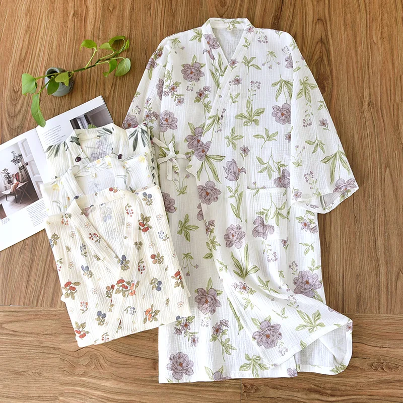 

Japanese Kimono Nightgown Ladies Spring Summer 100% Cotton Gauze Nightgown Women's Pajamas Shower Robe Bathrobe Sleepwear