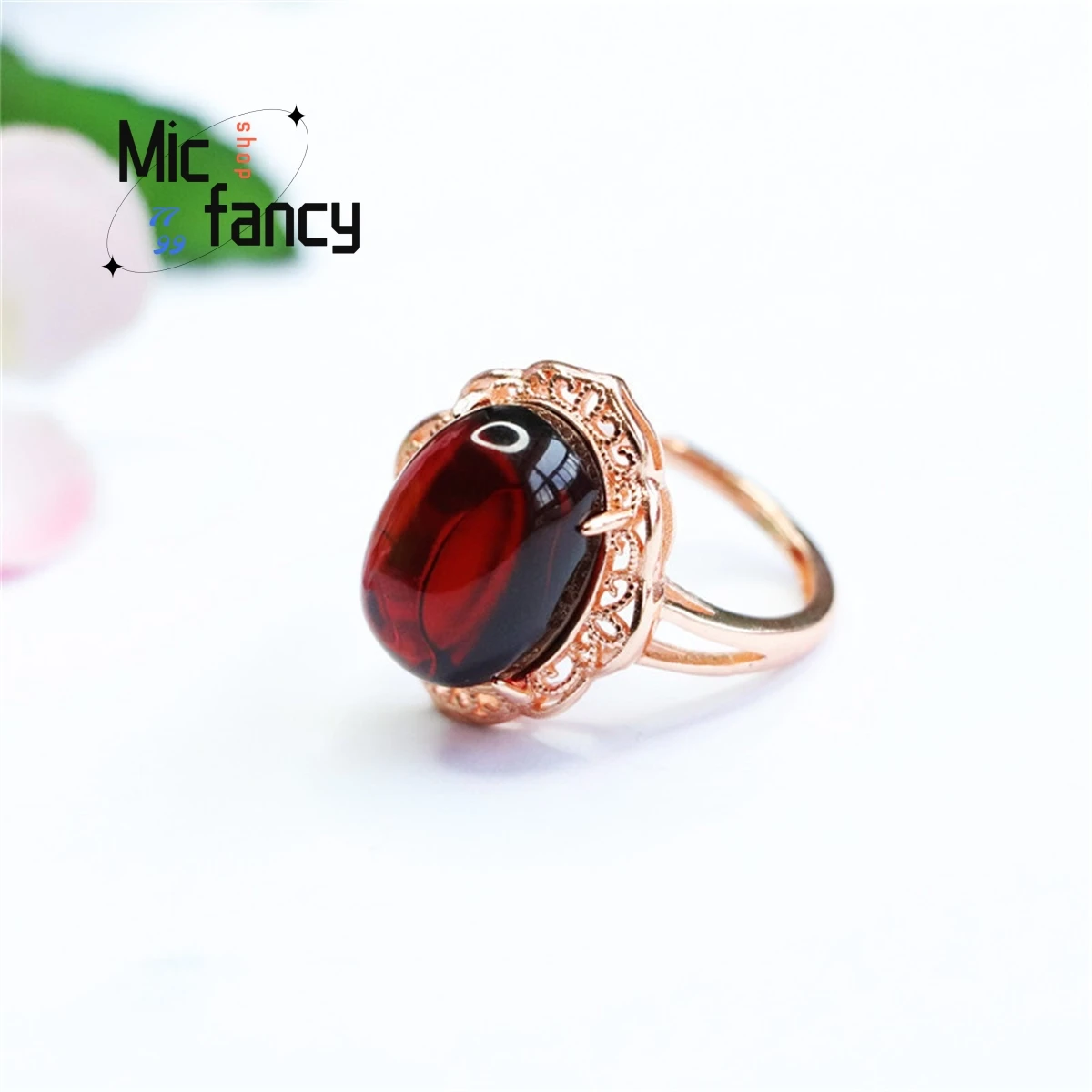 

Natural Water Purification Amber Blood Pearl Ring Embedded With Hollowed-out Finger Simple Personality Retro Style Women Jewelry