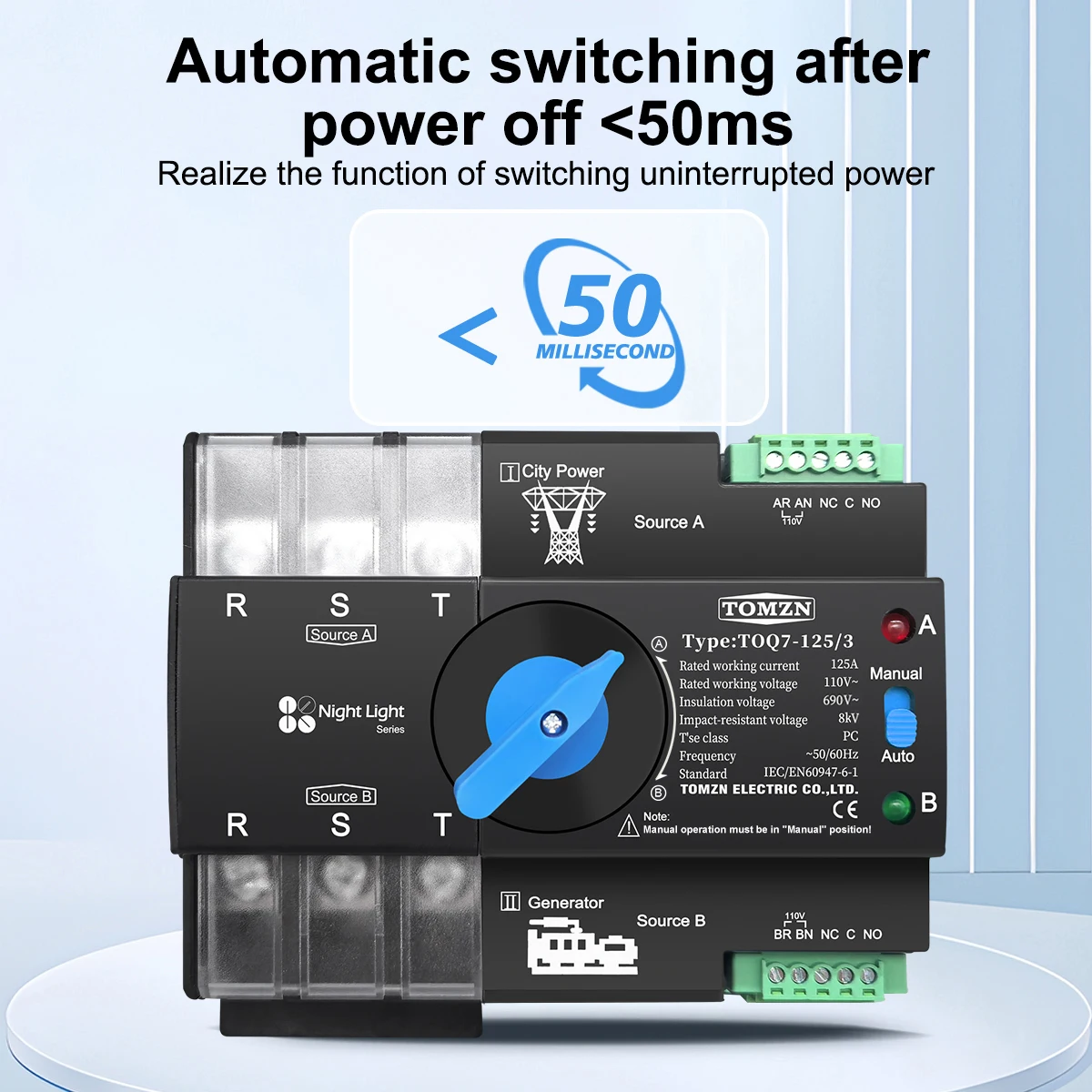 TOMZN DIN Rail 3 Phase 2P 3P 4P 63A 100A 125A AC110V 120V Dual Power Automatic Transfer Electrical Selector Switch Uninterrupted