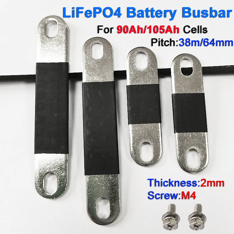 4/8pcs LiFePO4 Battery Busbar For 90AH 105AH Cells 38/64mm Pitch Spacing 2mm Thick Nickel-Plated Copper Connector with M4 Screw