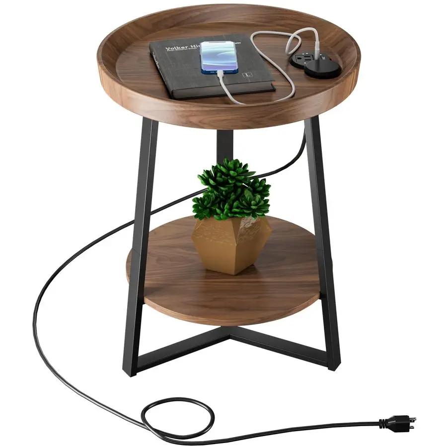 

Round End Table with Charging Station, USB Ports, Wood Tabletop amp Black Metal Frame, 2Tier Side Table for Living Room, Bedroo