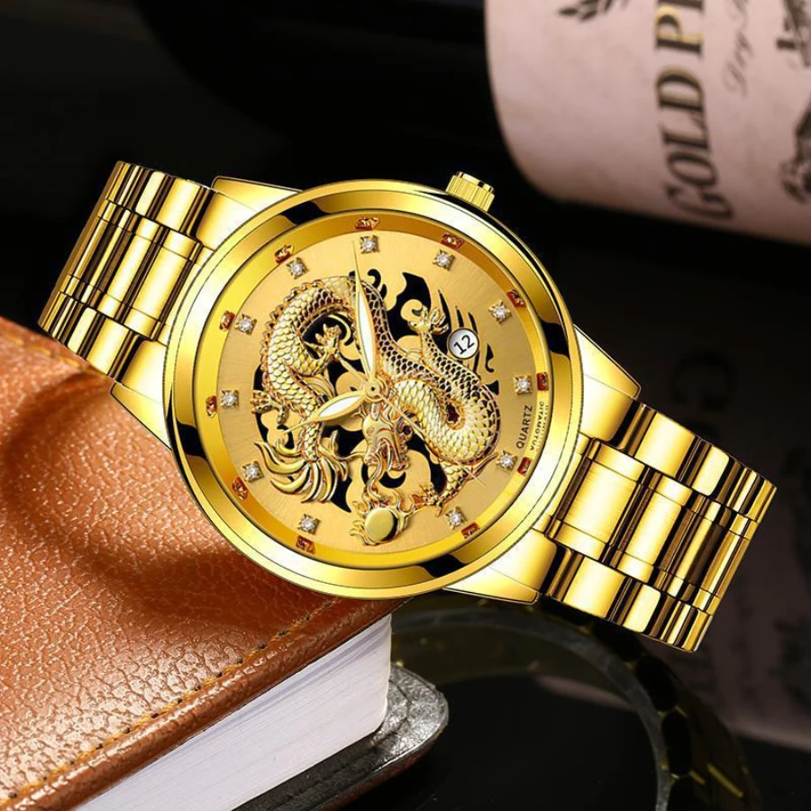 [FREE RING] Men Gold Dragon Design Quartz Watch Fashion Casual Hollow Out Calendar Stainless Steel Watches