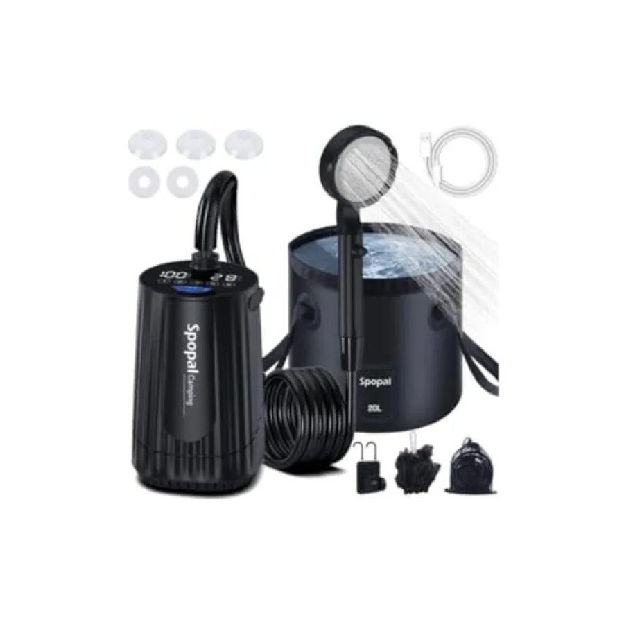 

Портативный походный душ [10000 мАч, перезаряжаемый] 5 режимов работы, со складным ведром с ручкой 20 л, водонепроницаемость IPX8, LED-дисплей, камера