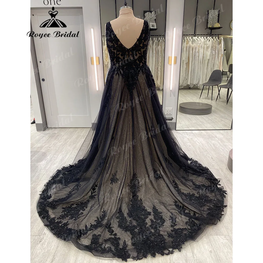 Vestido de novia gótico negro con Apliques de encaje de talla grande para novia 2025, vestido de novia sin mangas con espalda descubierta, vestido de novia personalizado