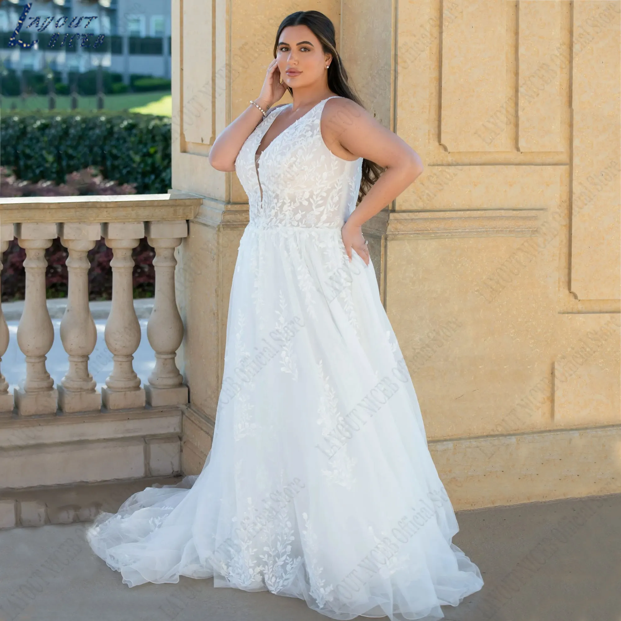 Vestido de novia sin mangas con tirantes finos, traje de novia de talla grande con apliques NICEB, corte en A, tul, espalda descubierta y botonesCalcomanías niceb vestidos de novia de gran tamaño sin mangas y tirantes