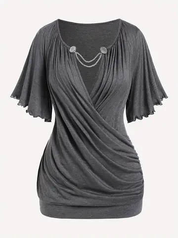 European and American New Hit Fashion Women's Pleated Chain Embellished V-Neck Plus-Size T-Shirt Top