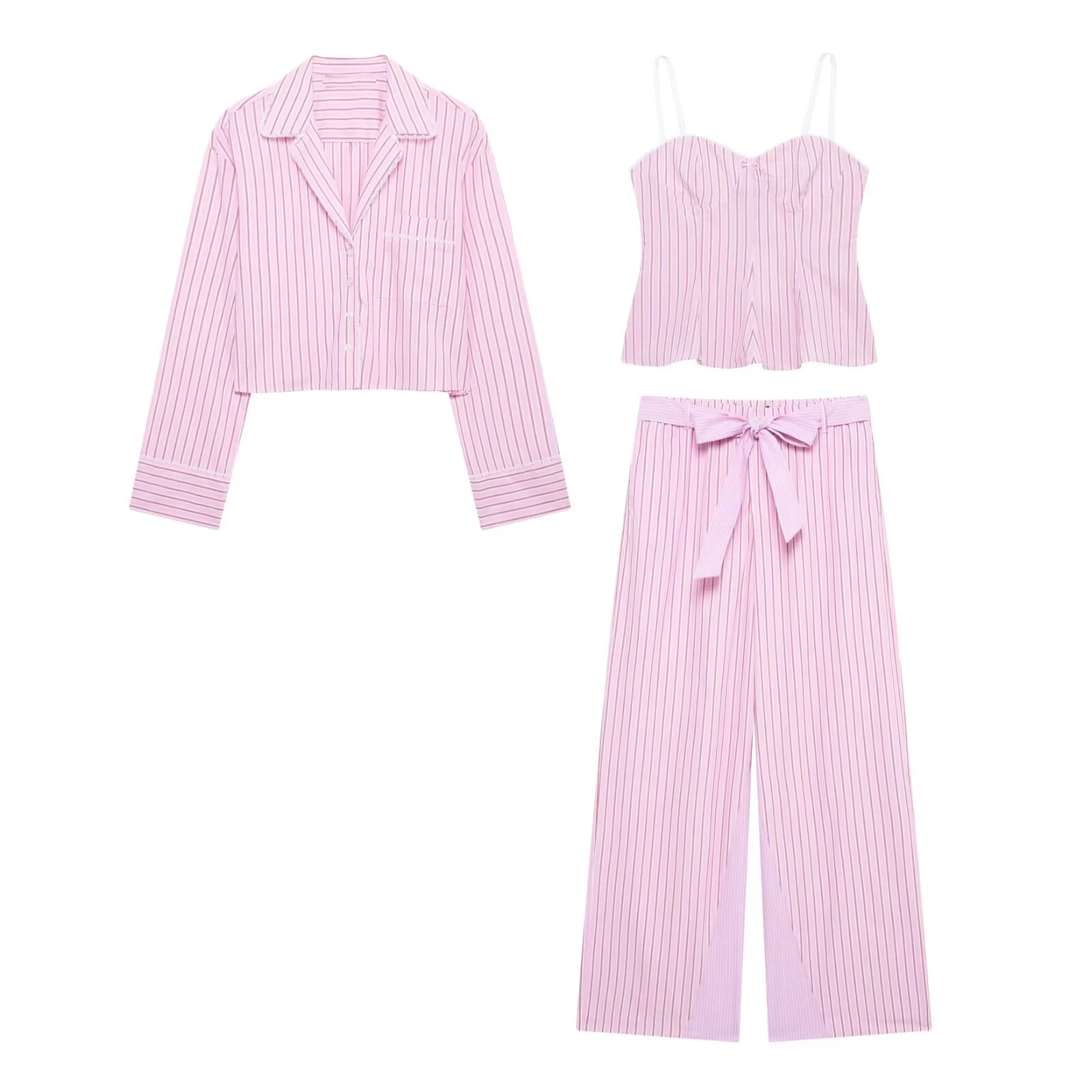 

Pink Striped Shirt Women Fashion Crop Tops Pocket Single-breasted Long Sleeve Blouse Lady 2025 New Summer Casual Loose Shirts