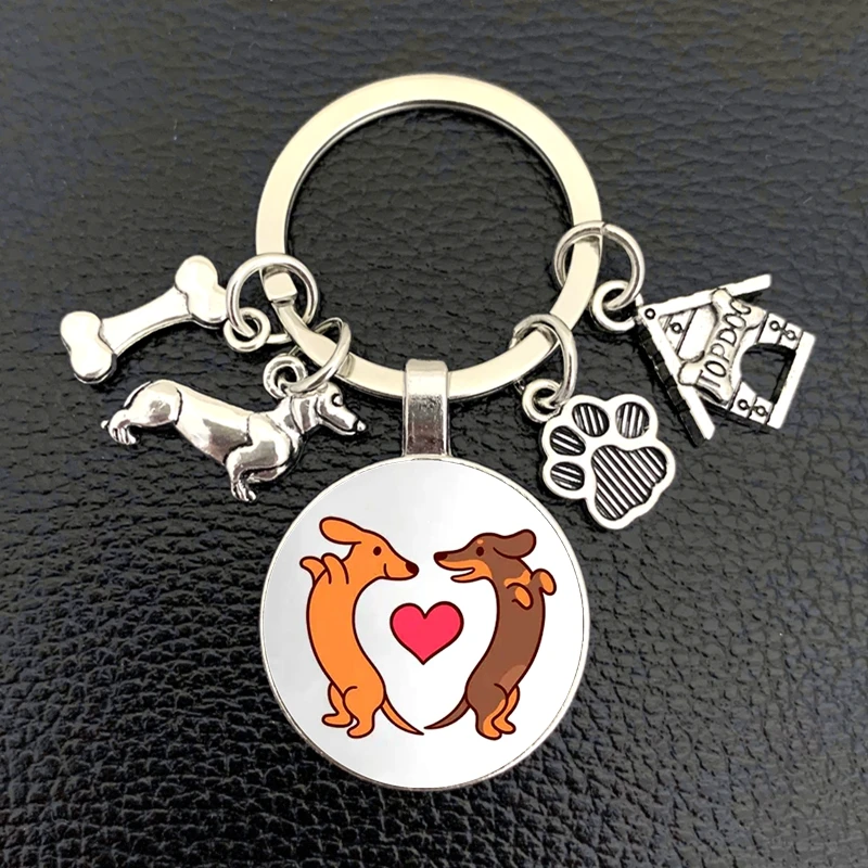 I Love Dachshunds Keychain Cute animal Cartoon dog Keychain dog Glass Convex Keyring Gift For woman Man Jewelry