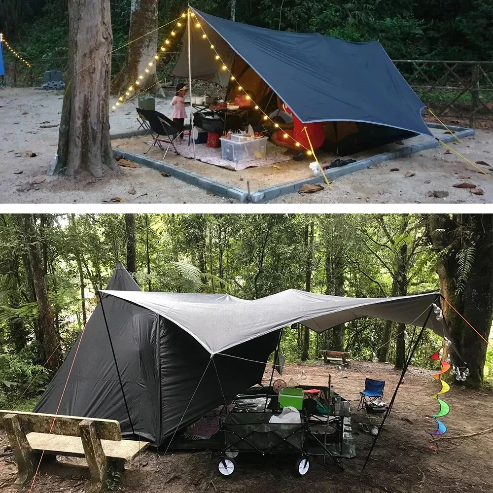 Große achteckige Campingplane 5,1x5,1m, silberbeschichtet, wasserdicht, Sonnenschutz (mit 2,8m Stangenset / 17x17ft Planenmaterial) – Detail 5