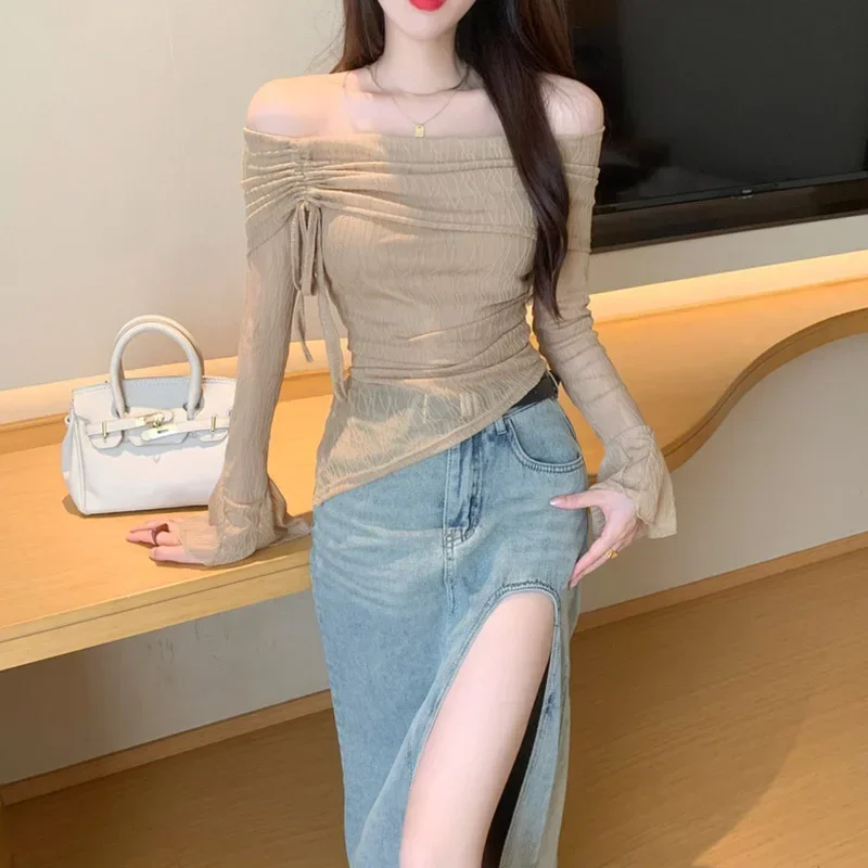 

Сексуальные прозрачные рубашки Y2k, укороченный топ, женская одежда, с длинными рукавами и открытыми плечами, корейский модный обтягивающий летний тонкий топ в стиле гот