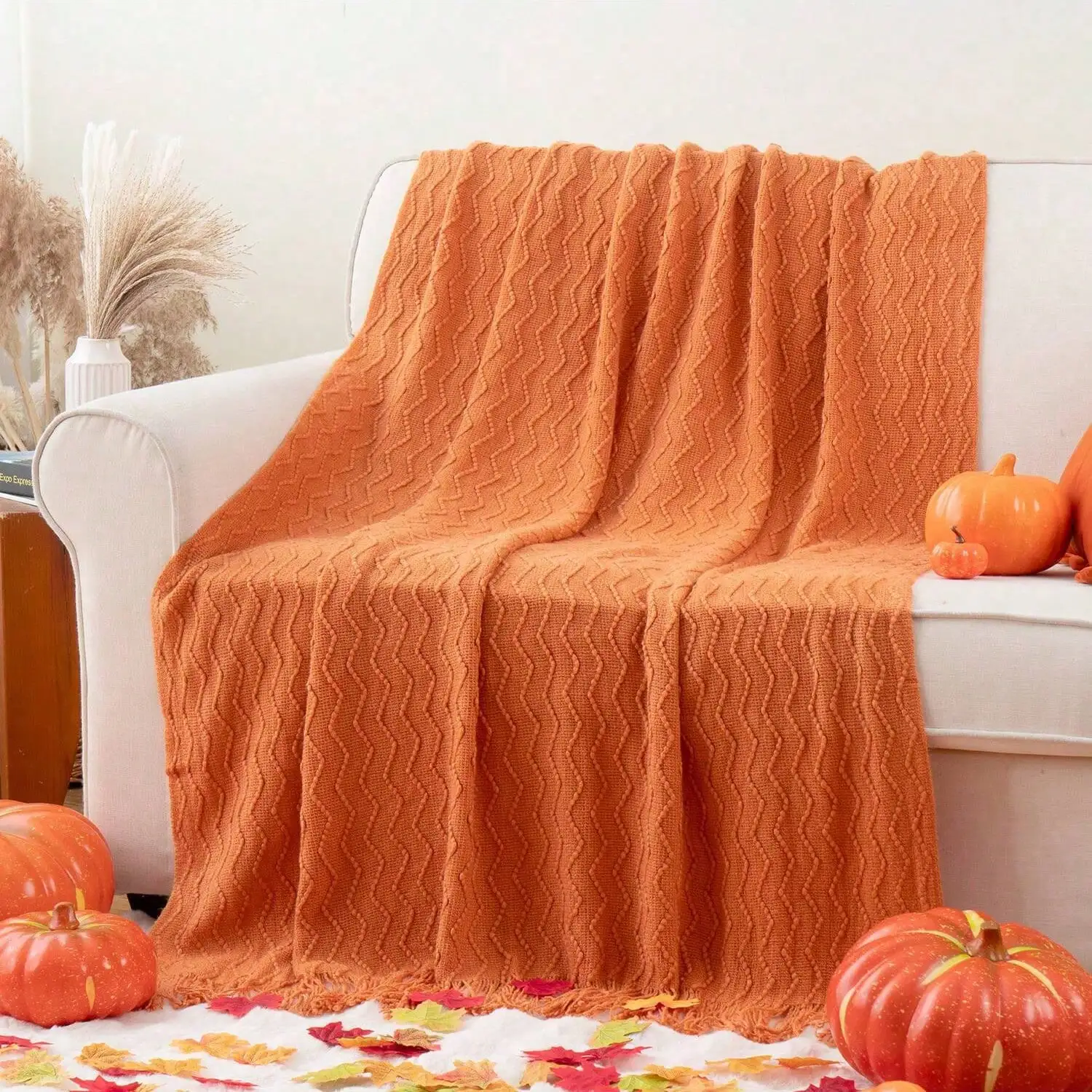 Orange Throw Blanket For Couch, Decorative Fall Throw Blanket With Tassels, Halloween Knitted Blankets And Throws, Fall Decor, 50"X60"，sf2406157728203301 - view 4