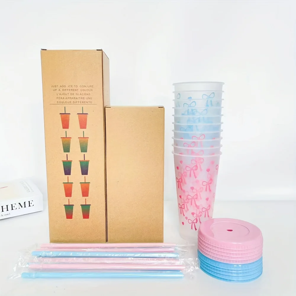 10/20/30 Pack 24oz Pink Bow Plastic Cups Tumblers, Reusable Cup, Iced Coffee Cup With Straw And Lid, Suitable Mother's Day, Dates, Birthday Parties, Outdoor Activities, Daily Use And Camping Summer Drink Cup Valentine's Day,, Mother's Day, Halloween