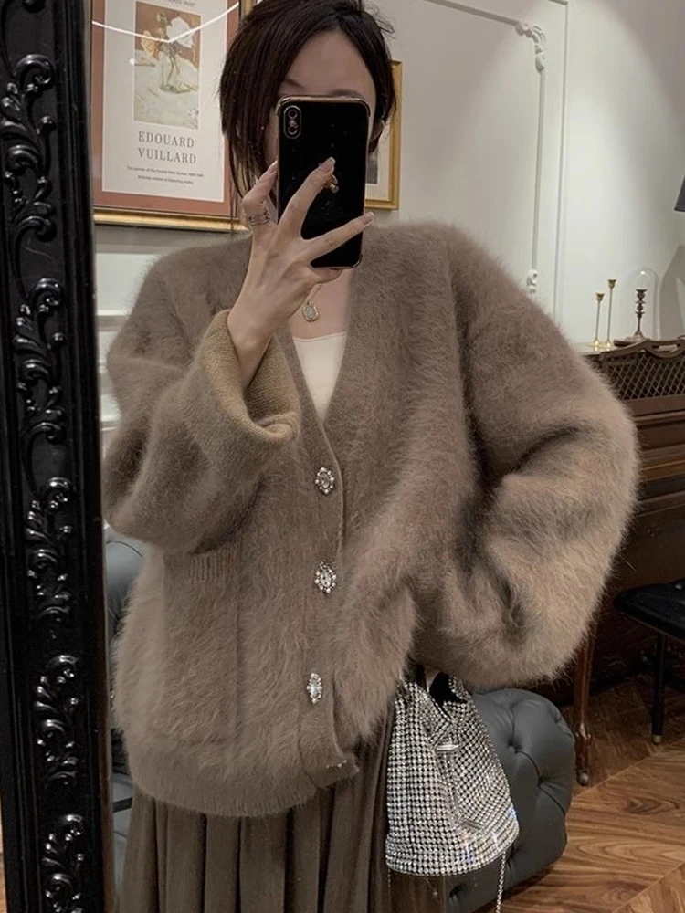 French Retro Women Black Elegant Button Cardigan Knitted Tops Autumn Winter Fashion Brown V-neck Office Lady Long Sleeve Sweater