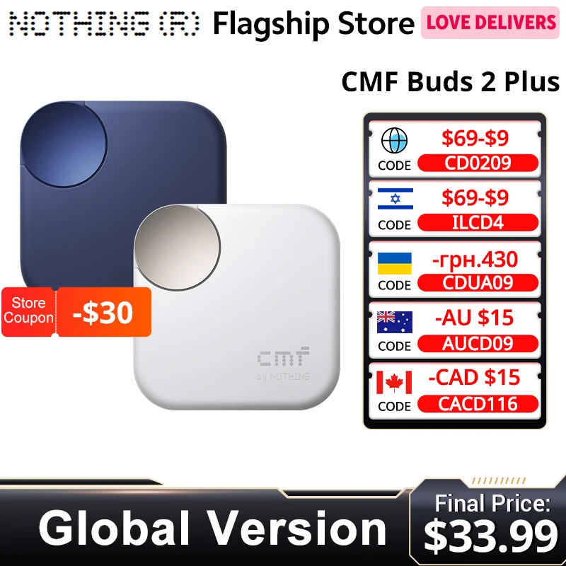 

Nothing Buds 2 Plus CMF by New Global version 50dB Hybrid ANC Earbuds Long Battery Hi-Res Audio IP55 Bluetooth-Compatible