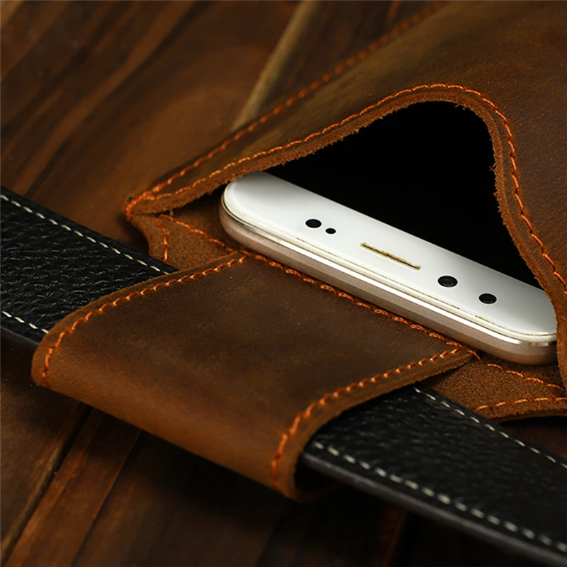 Genuine Leather Phone Pouch Case For  6-7.5inch  Cellphone Loop Holster Case Belt Waist Bag Phone Wallet Anti-theft