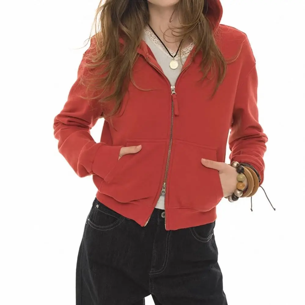 

Женская осенняя красная укороченная куртка в американском стиле в стиле ретро, повседневная спортивная толстовка на молнии с капюшоном, облегающая куртка, топ
