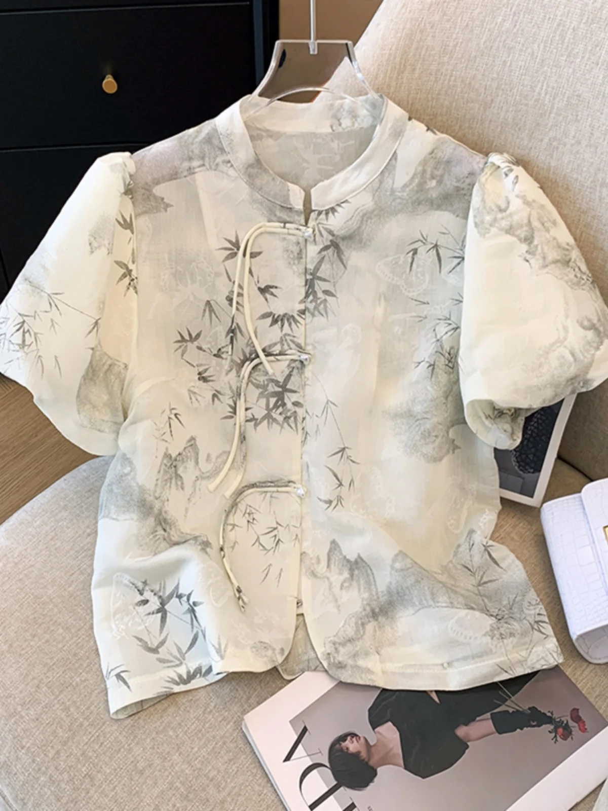 

New Chinese Sle Button up Collar ort Sve Women's irt Summer Design Bubble Sve Ink Painting Versatile Top