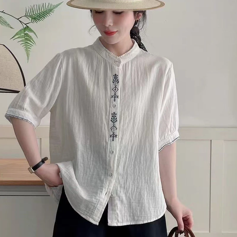 ใหม่2025ฤดูร้อนผ้าฝ้ายเส้นด้ายครึ่งแขนเสื้อผู้หญิงยืนเย็บปักถักร้อย, MoriสาวPreppyสไตล์หวานสบายๆหลวมเสื้อT56623CC