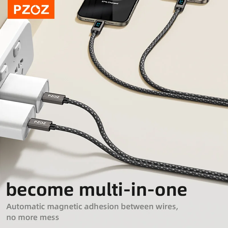 PZOZ Kabel magnetyczny USB-C do USB-C i Lightning do szybkiego ładowania iPhone'a, iPada, MacBooka, organizer na kable do telefonów komórkowych, torba. — zdjęcie produktu 4