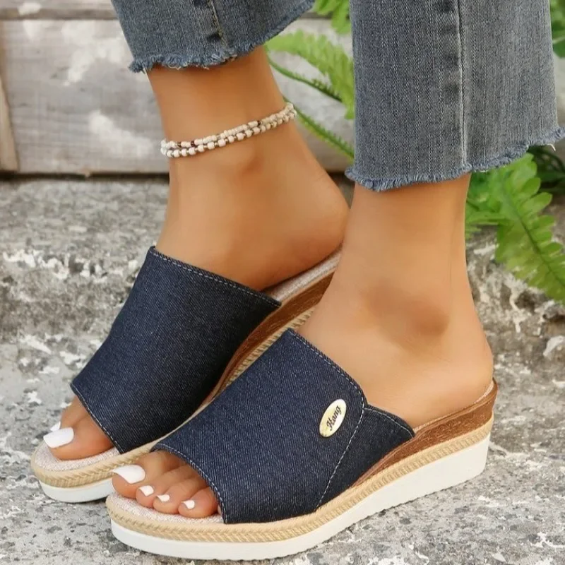 

Women Slippers 2024 Summer New Fashion Elegant Cloth Shoes for Women Wedge Peep Toe Platform Slippers Ladies Zapatos De Mujer